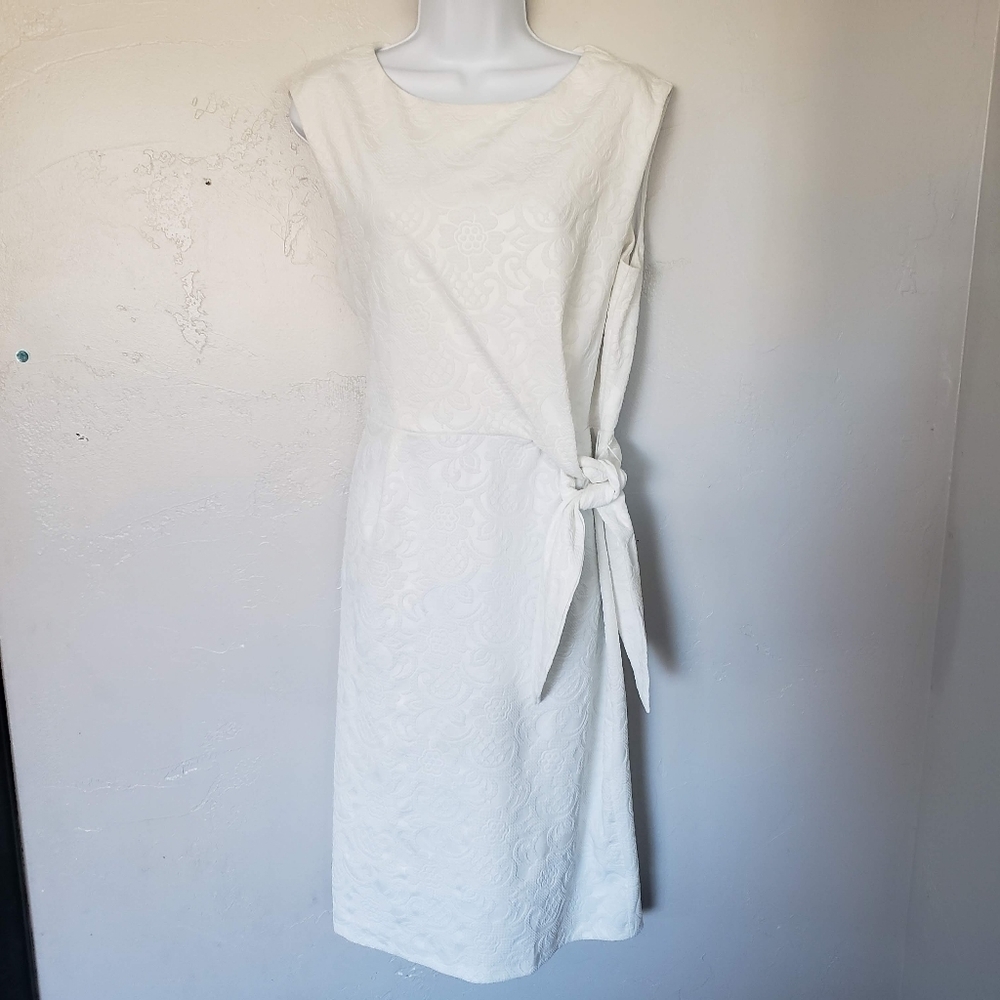 Cato Women's 14 White Cap Sleeve Midi Dress Raised Floral Waist Tie Jacquard